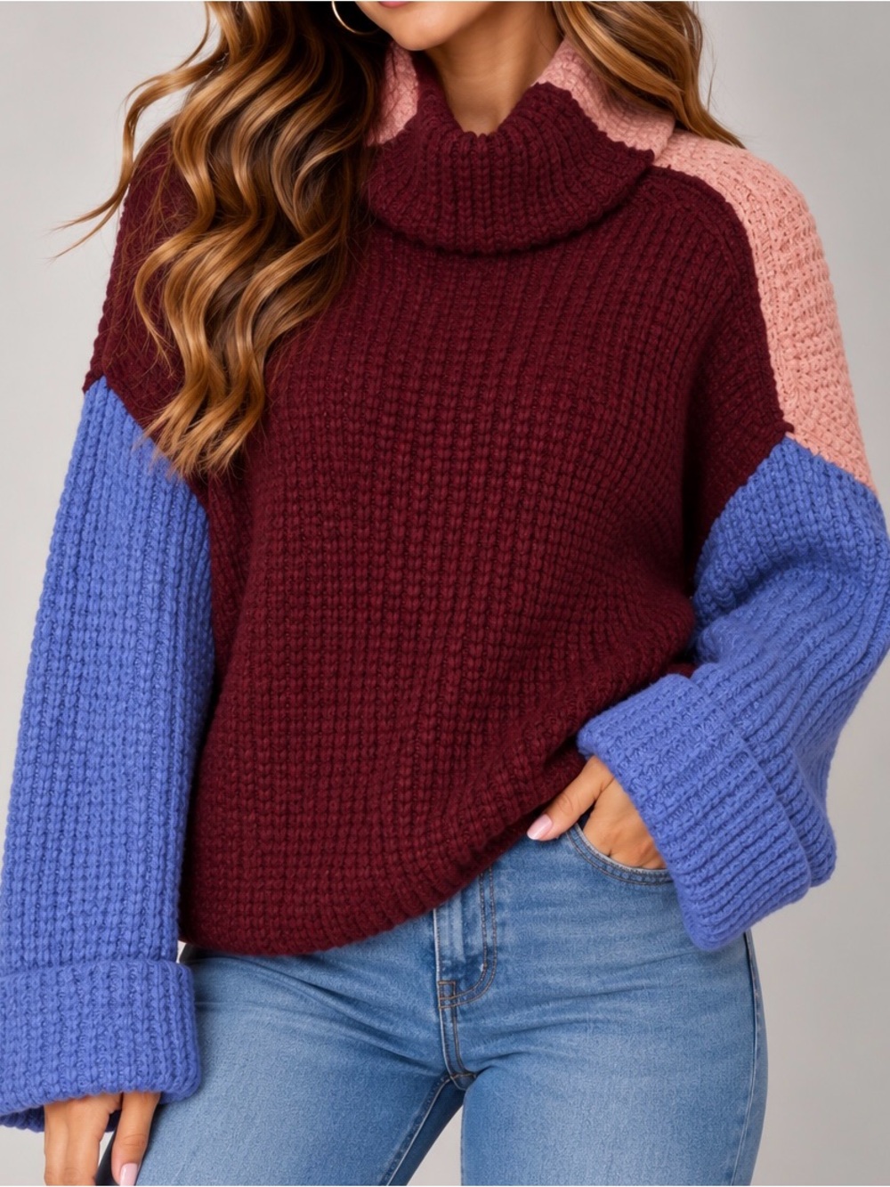 Free People Colorblock Oversized Turtleneck Sweater Size XS